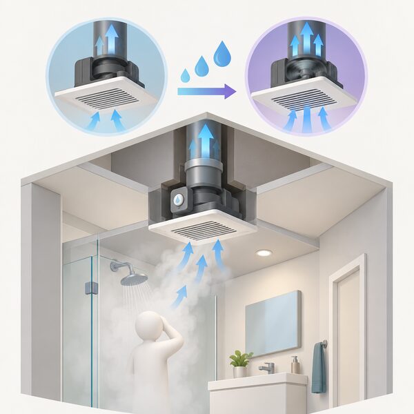 A small ceiling-mounted bathroom extract fan with a humidity sensor, shown in cutaway isometric view with a simplified airflow path from the room below up through the duct, running at low background speed while a plain colour band above it shows rising moisture triggering a switch to a faster boost speed.