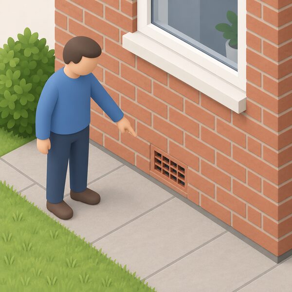 A close exterior view of a house wall with a single rectangular air brick set low in the brickwork, its grille openings clear and unblocked, with a simplified isometric figure standing beside it pointing at the vent to show it providing background ventilation to the home.