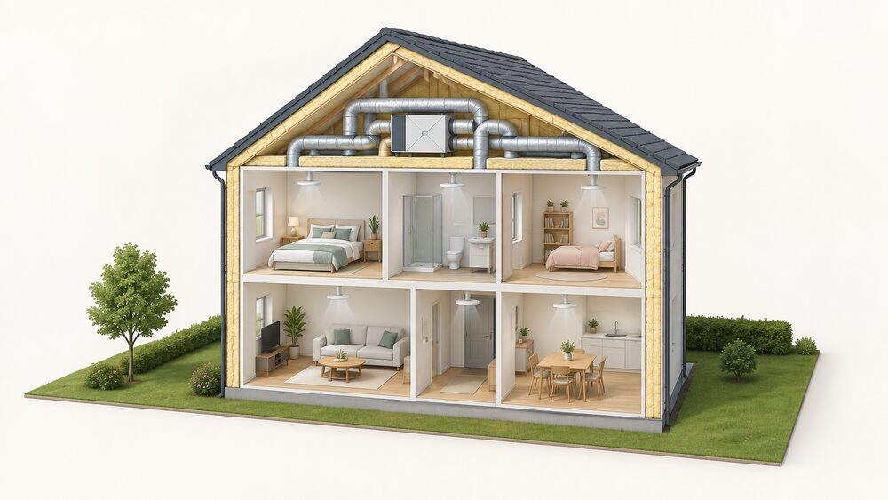 A cutaway of a modern airtight house showing a whole-house MVHR unit with its insulated ducting and the unit itself kept inside the insulation layer, with small ceiling air valves in the rooms below and no equipment in a cold loft.