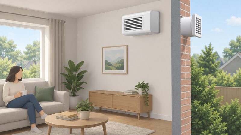 A small white through-the-wall heat recovery unit mounted high on the exterior wall of a living room, seen from inside with its front grille visible and a wall sleeve passing through the wall to the outside.
