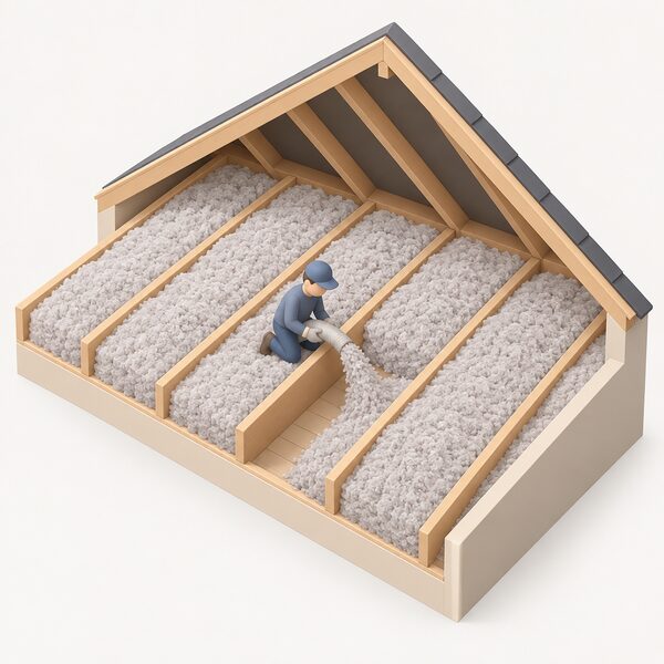 A cutaway view of a loft floor showing parallel timber ceiling joists with the spaces between them completely filled with loose cellulose insulation, drawn as a soft mounded pale material level with the tops of the joists, with a small isometric figure laying the insulation in one unfilled gap.