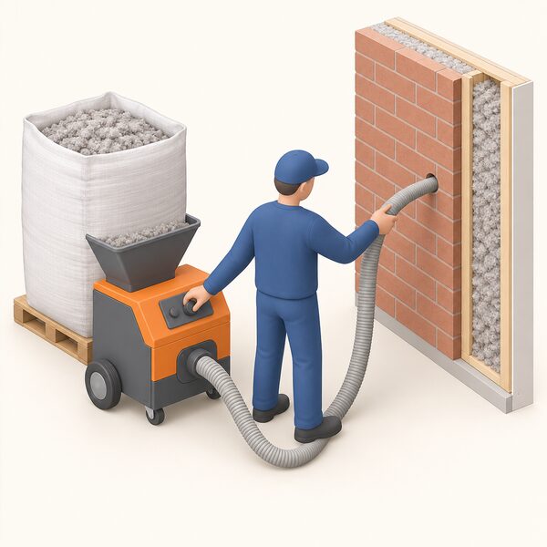 An installer in plain work clothing stands at a wall with a small drilled opening, guiding a hose into the cavity while a second hand adjusts the controls of a fibre-blowing machine beside them, with a bag of loose fibre feeding the machine.