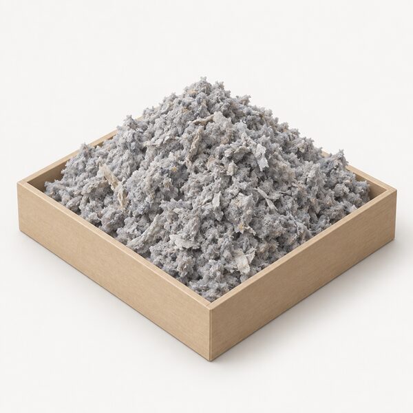 A close-up view of loose borate-treated cellulose fibre insulation, showing the grey shredded-paper material as a soft pile with visible fibrous flakes, held in a small open sample tray on a plain surface with no wall, roof or other building context around it.