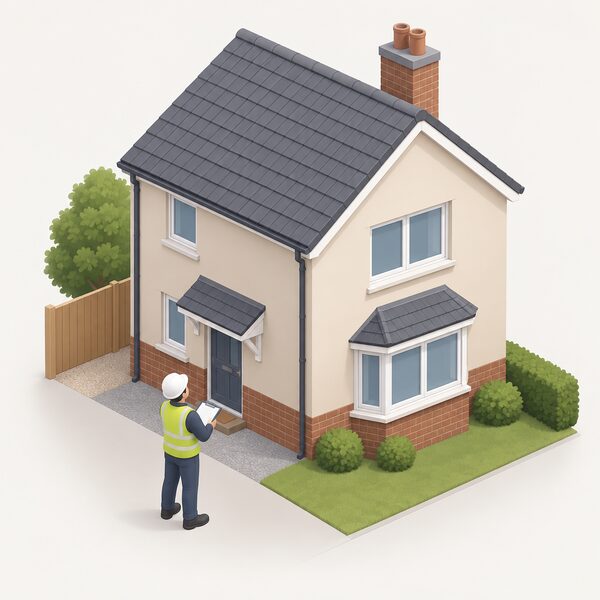 A TrustMark registered installer stands outside a simple UK house with a clipboard, looking up at the walls and roofline while surveying the property to prepare a quote for Warmcel cellulose insulation work.