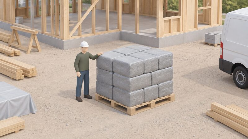 A pallet of stacked grey cellulose insulation bales standing on the ground of a building site, with a simplified isometric figure of a worker beside them, a partially built timber-framed structure in the background and a plain delivery van at the edge of the scene.