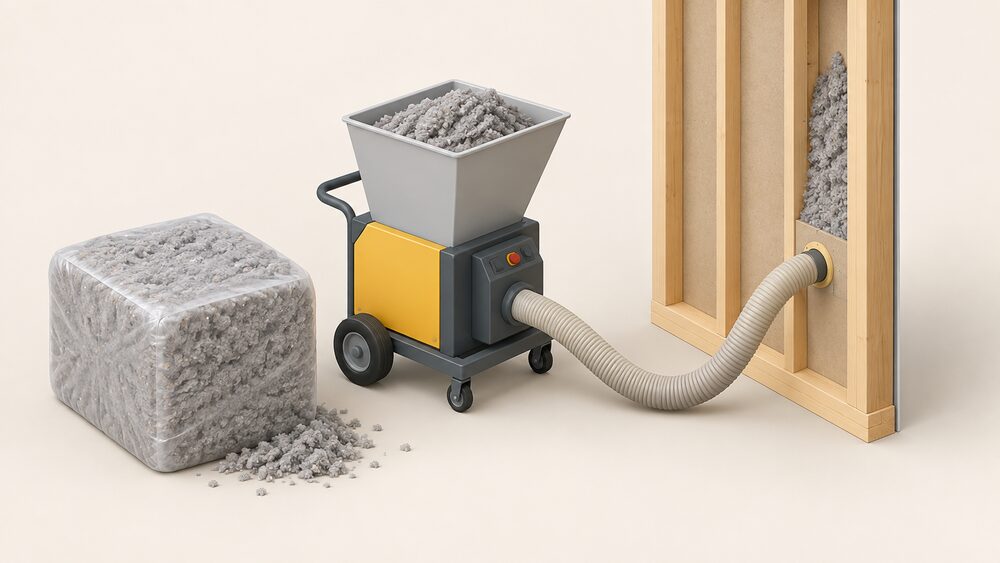 A close-up of a Warmcel installation: an approved installer's blowing hose entering a small opening in a closed timber frame wall cavity, filling it with loose grey cellulose fibre, with a bale of the fibre and the blowing machine standing nearby on the site floor.