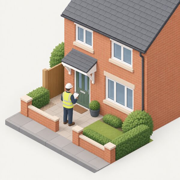A retrofit assessor standing at the front door of an ordinary UK house, clipboard in hand, surveying the dwelling's exterior as part of an initial whole-house assessment under the retrofit standards framework.
