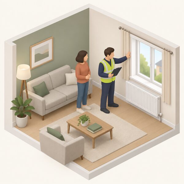 A Retrofit Coordinator with a clipboard walks through a home's living room during an assessment visit, inspecting the walls, windows and a radiator while noting observations, with a homeowner accompanying them, to identify appropriate energy efficiency measures for a whole house plan.