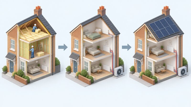 A cutaway terraced house shown in three side-by-side stages: first with wall and loft insulation being fitted, then an air source heat pump installed outside connected to indoor radiators, then rooftop solar panels added, each stage linked by a simple arrow.