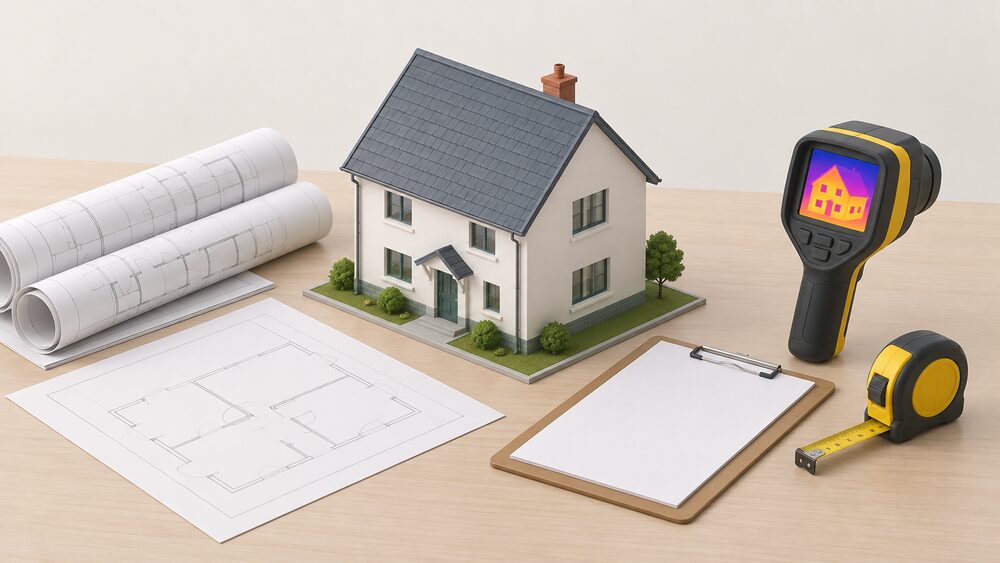 A small detached house model sits centrally on a table beside rolled architectural drawings, a clipboard with blank plan sheets, a tape measure and a thermal-imaging camera, representing the whole-house retrofit plan produced after an assessment.