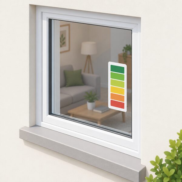 A window in a home wall with a BFRC-style energy label stuck to the glass, drawn as a physical object with a vertical traffic light colour scale of plain bands from A++ at the top down to E at the bottom, each band carrying a blank block instead of readable letters.