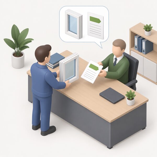 A simplified isometric manufacturer hands a sample window frame across a desk to a scheme assessor, who returns an issued rating certificate showing a plain letter band and blank Energy Index lines for that specific window configuration.