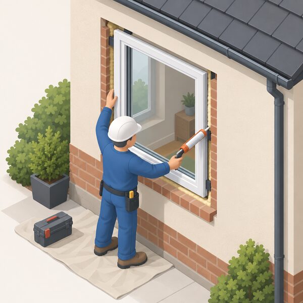 A simplified isometric installer fitting a window frame into a wall opening of a house, sealing around the frame edges to show on-site installation quality that a window energy rating does not cover.