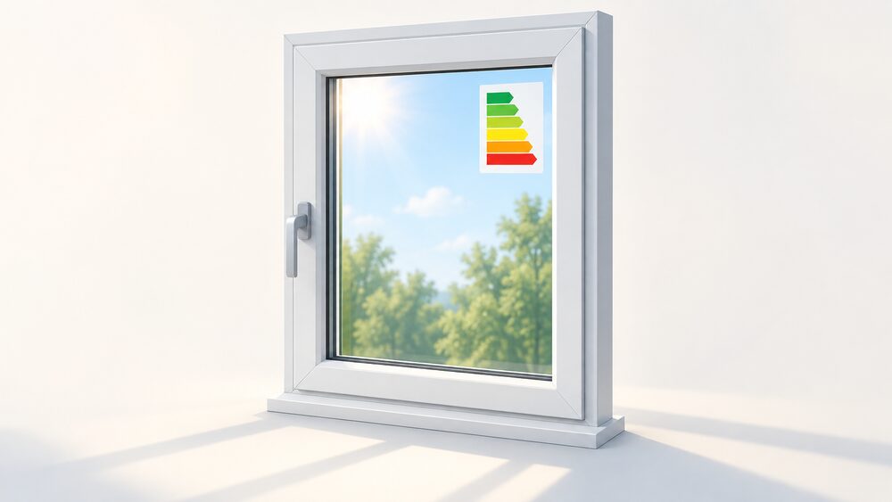 A close-up of a complete replacement window with its frame, glazing and seals, shown centrally with a blank traffic-light energy rating label stuck to the corner of the glass, daylight passing through the panes.
