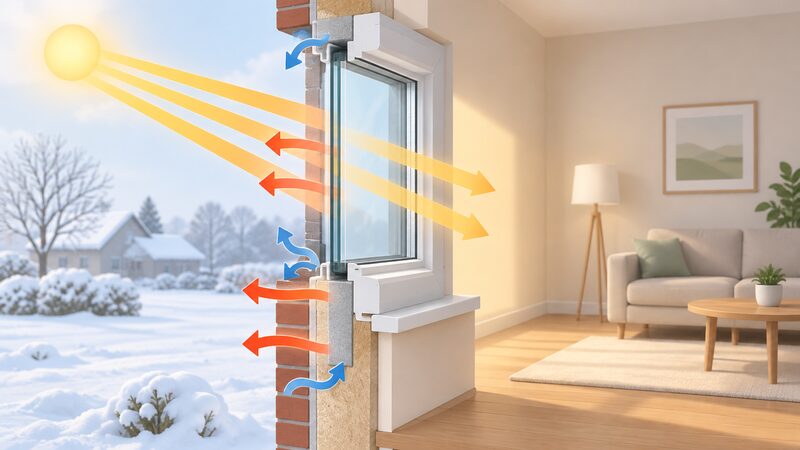 A cutaway cross-section of one window showing sun rays passing through the glazed area into a room while arrows of heat escape outward through both the glass and the frame, with small draught arrows leaking around the frame edge.