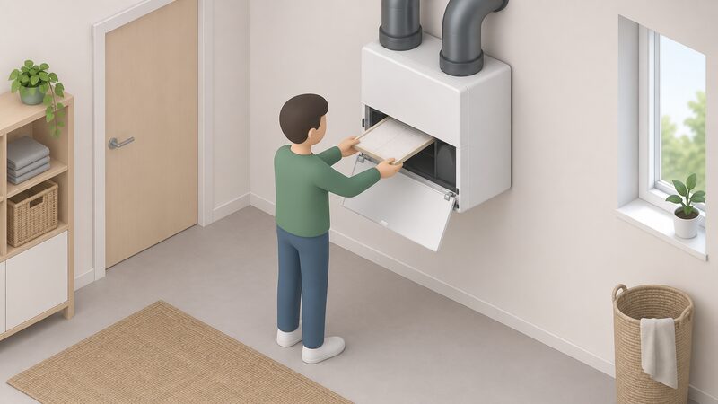 A simplified householder figure slides a paper filter out of the open front access panel of a wall-mounted ComfoAir MVHR unit, with no tools present, in a plain domestic room.