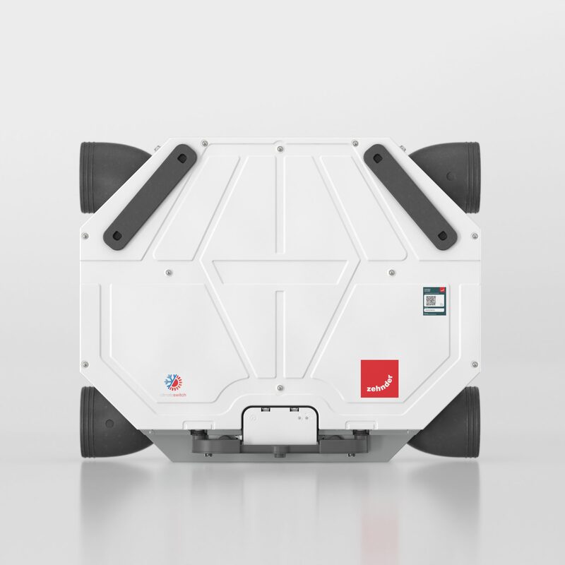 A white Zehnder ComfoAir mechanical ventilation heat recovery unit shown from the front on a plain grey background