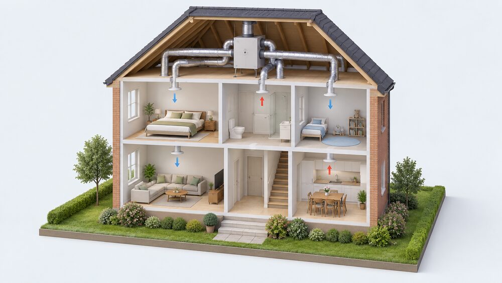 A cutaway house showing a whole-house MVHR unit sited in the loft, with insulated duct runs branching down through the rooms to supply and extract valves in the ceilings of the wet rooms and living areas below.