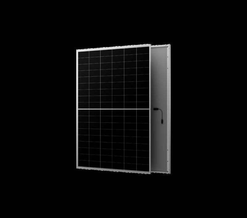 An AIKO all-black solar panel shown front and back against a white background