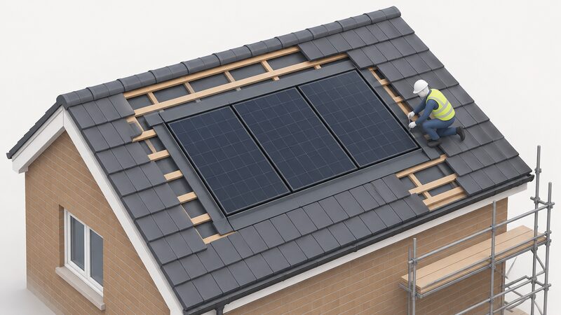A cutaway view of a pitched house roof during a reroof, showing solar panels set flush within a weathertight tray that replaces the surrounding roof tiles, with a simplified installer figure fixing a panel at the edge of the tray.