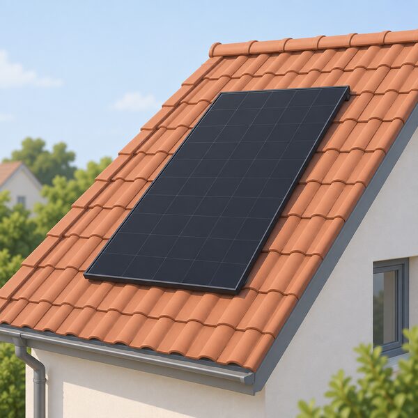 A single rectangular solar panel with a dark back-contact cell surface and no visible front ribbons, mounted flush on the tiled slope of a house roof in daylight, shown at a slight angle so its slim frame and the roof tiles around it are clear.