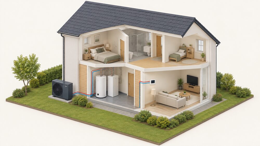 A cutaway of a house showing an Aira air to water heat pump outdoor unit standing on the ground against an outside wall, an indoor unit with a buffer tank in a utility space inside, and a wall thermostat in a living room, connected between them.