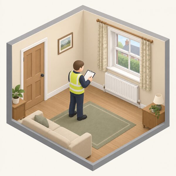 A simplified isometric assessor with a clipboard stands in a plain living room of an older UK home, measuring and noting details of the room as part of a Home Energy Assessment, with a radiator on the wall and a window and door shown for the survey.