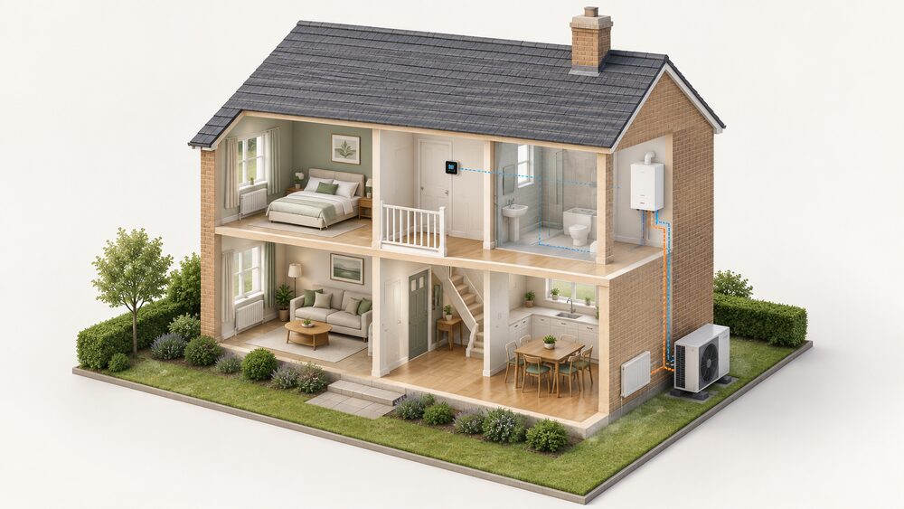 A cutaway house with an air source heat pump unit standing outside on the ground against an external wall, a wall-mounted gas combi boiler indoors with no hot water cylinder, and a Smartech controller on an inside wall linking the two.