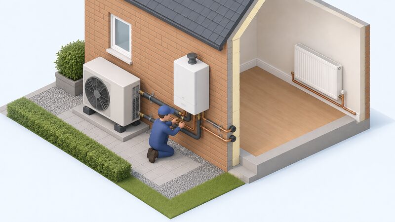 An isometric installer working on an exterior house wall, connecting pipework between an outdoor hybrid heat pump unit and an outdoor combi boiler, with pipes passing through the wall to the untouched internal radiator circuit shown in cutaway.