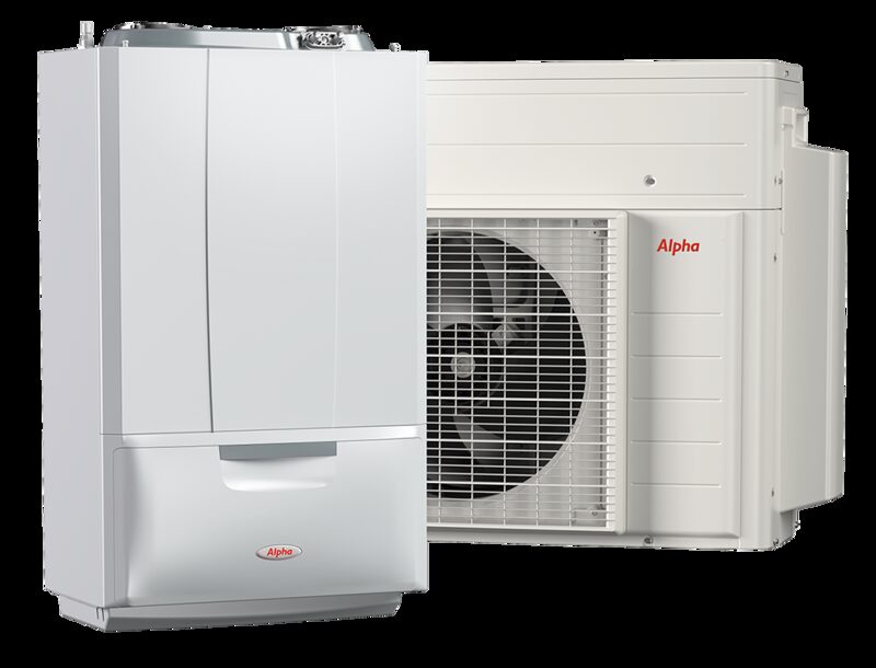 An Alpha E-Tec hybrid system: a white wall-mounted boiler unit beside an outdoor heat pump unit with a fan grille