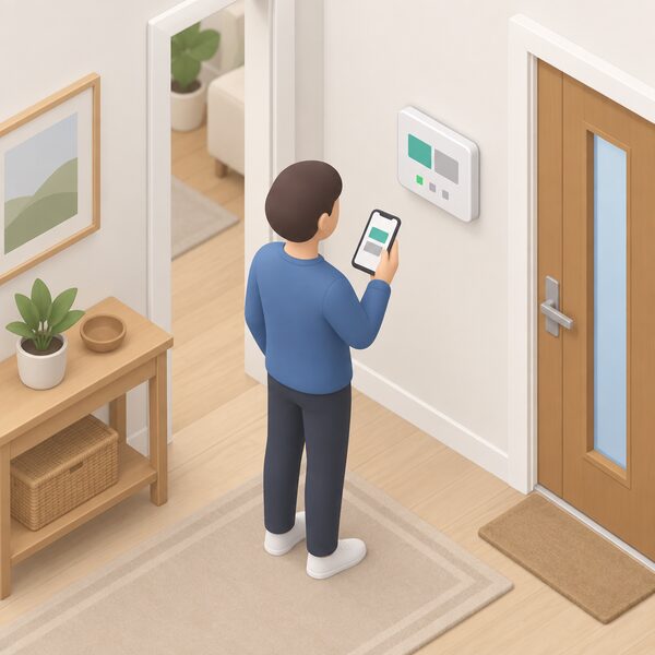 A small isometric figure stands in a home hallway looking at the dedicated Smartech wall controller mounted on the wall, with a smartphone in hand showing the app, while the controller's plain display and simple indicator blocks suggest it is automatically choosing between the heat pump and the boiler.