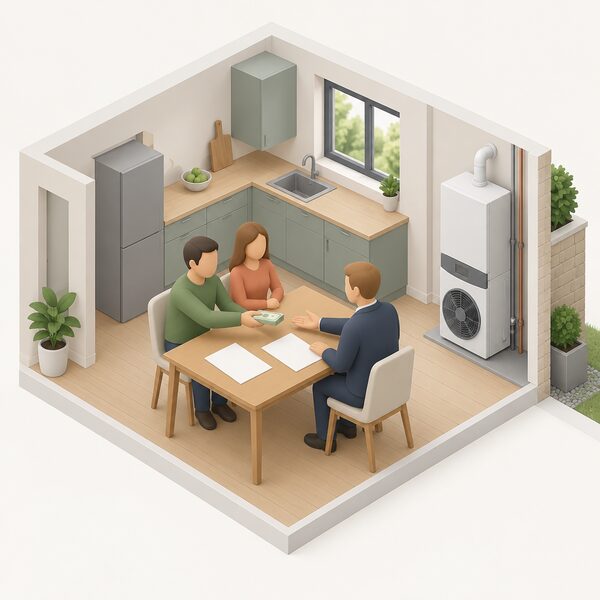 A simplified isometric household scene of two occupants at a kitchen table paying the full cost of a hybrid heat pump and boiler installation, handing over payment while a blank quotation sheet and an empty grant document lie before them, with no funding contribution shown.