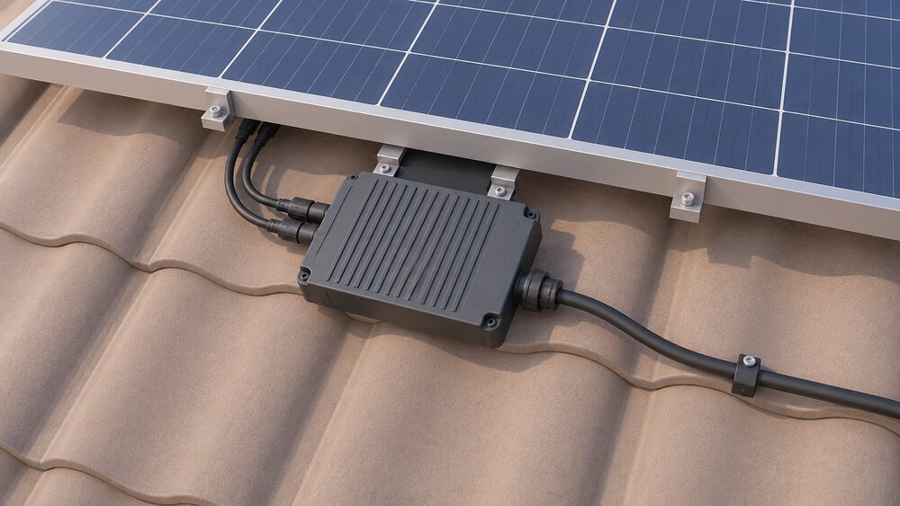 A close-up of a single APsystems-style microinverter unit mounted on the roof beneath a solar panel, its cabling running to the panel above and an AC extension cable leading away, with no other equipment in view.