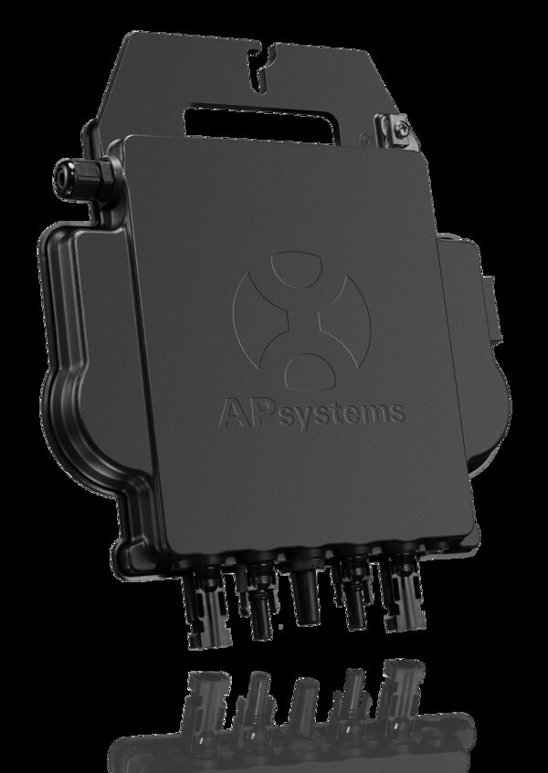 A black APsystems microinverter unit for solar panels shown against a white background