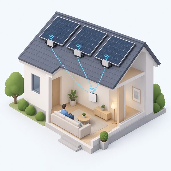 A small isometric home cutaway showing an ECU device indoors connected wirelessly to rooftop solar panels, each panel's microinverter sending performance data along dotted signal lines converging on the ECU as the information gateway.