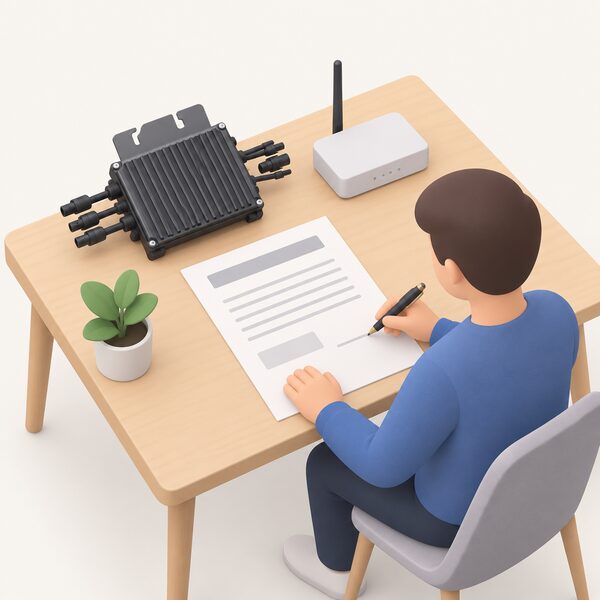 A printed warranty document lying on a table beside a DS3 microinverter and its ECU monitoring unit, with a simplified figure holding a pen over the paperwork as if confirming the written term before purchase.