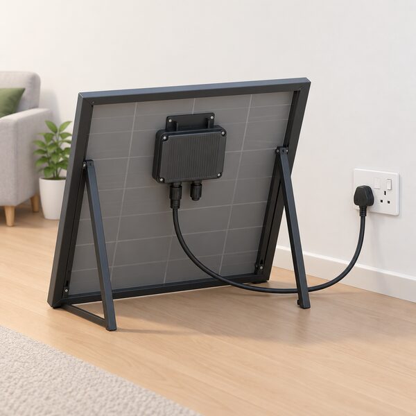 A single plug-in solar panel shown from behind with a small microinverter unit mounted on its back, its lead ending in a standard UK three-pin plug inserted into an ordinary household wall socket on an interior wall, with no battery or separate circuit present.