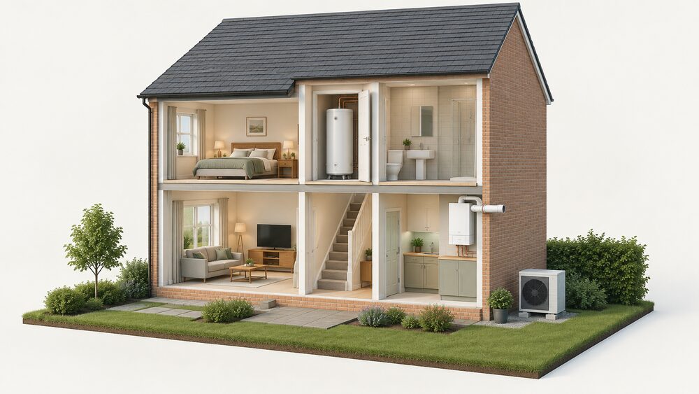 A cutaway house showing a wall-mounted combi boiler indoors with its flue passing through an external wall, a hot water cylinder standing in an airing cupboard, and an air source heat pump fan unit standing outside on the ground beside the building.