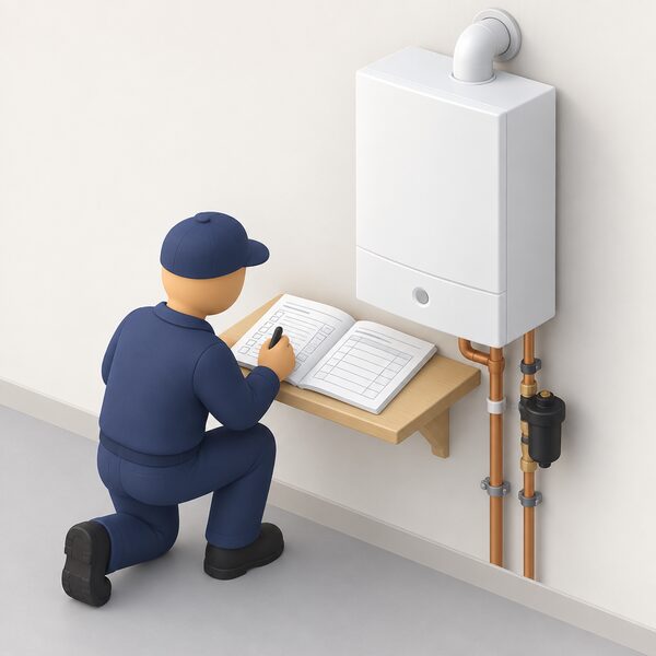 An open instruction booklet lying on a shelf beside a wall-mounted boiler, its pages showing a blank Benchmark checklist and service history grid, while a simplified engineer figure kneels beside it filling in a line with a pen.