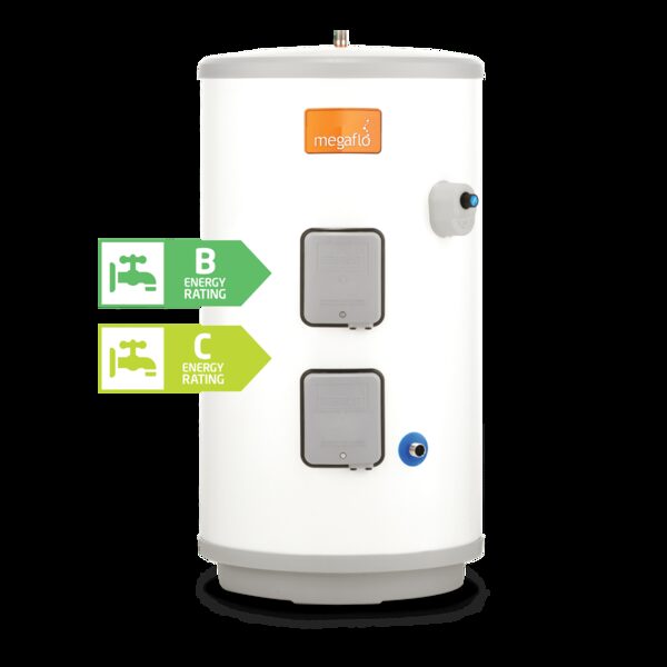 A white Megaflo Eco unvented hot water cylinder with energy rating labels