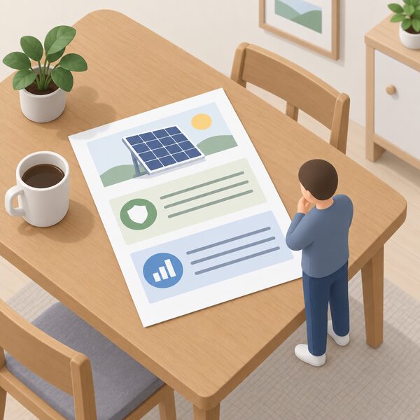 A printed solar panel guarantee document lying on a household table beside a small isometric figure, shown as a physical sheet with plain colour bands and blank lines representing the 25-year product guarantee and the 30-year linear performance guarantee terms, with no readable words or numbers.