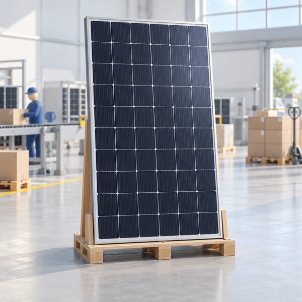 A finished premium solar module shown as a physical object in a bright workshop setting, standing upright on a simple rack or pallet, its dark blue-black cells and silver frame visible, ready to be packed for delivery to a roof.