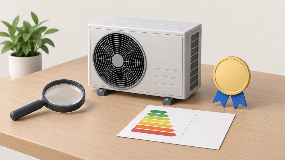 A small model of an outdoor air source heat pump fan unit stands on a table beside a blank energy label sheet and a plain round award badge on a ribbon, with a magnifying glass resting nearby.