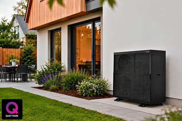 A black air source heat pump unit installed outside a modern house with a garden and patio
