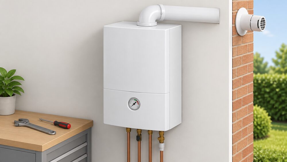 A white wall-mounted condensing gas combi boiler close up on an indoor wall, with its flue passing through the external wall to the open air, a pressure gauge on the front fascia, and a service spanner and screwdriver resting nearby.