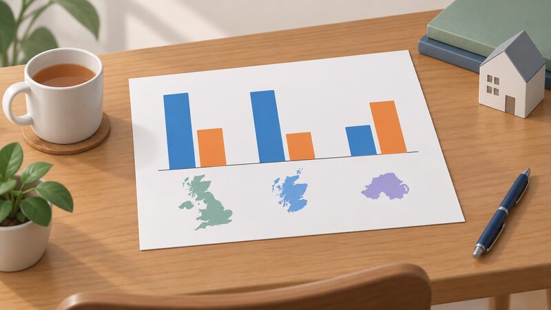 A printed chart sheet lying on a table showing plain bars comparing the share of homes heated by gas and oil boilers across the UK nations, with gas bars tallest for most of Great Britain and the oil bar tallest for Northern Ireland.