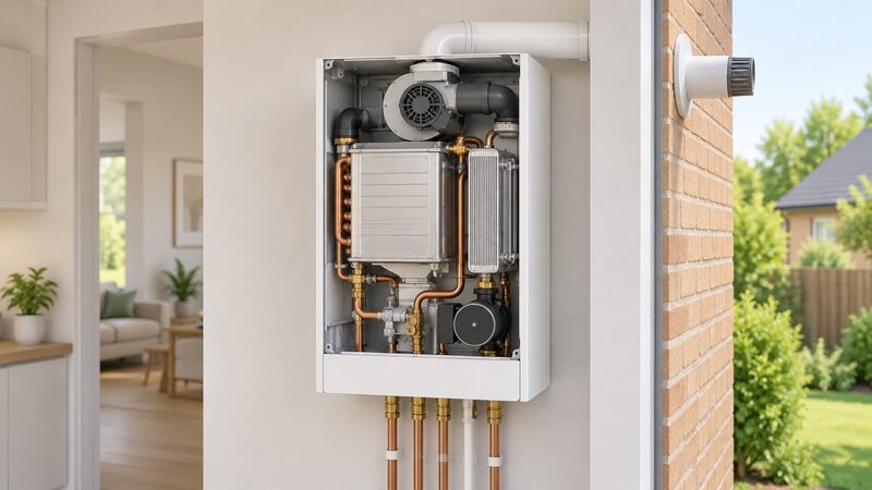 A cutaway view of a white wall-hung condensing combi boiler mounted on an interior wall, with its casing opened to reveal the main heat exchanger, the secondary condensing heat exchanger, a fan at the top and a circulating pump, connected to a flue passing through the outside wall.