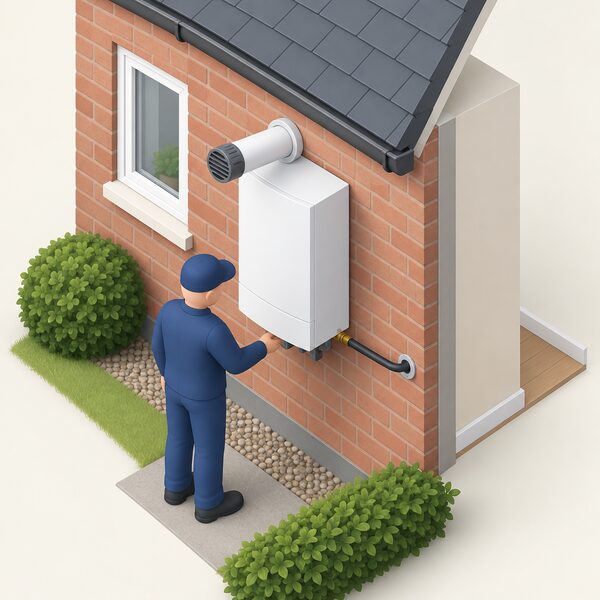 An isometric view of a house's outside wall with a white oil-fired combi boiler unit mounted on it, its flue facing outward and a small-bore oil supply pipe running from the boiler through the wall into the building, with a simplified figure standing beside it inspecting the pipe connection.