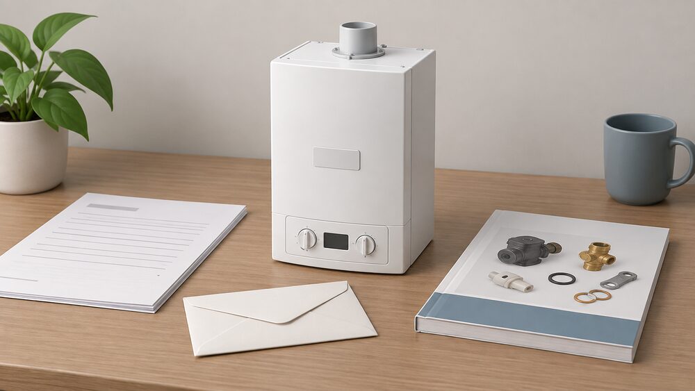 A small model wall-hung gas boiler with a plain blank badge plate on its front casing stands on a desk beside blank warranty paperwork, a sealed envelope and a spare parts catalogue, suggesting a household tracing which company stands behind a boiler brand.