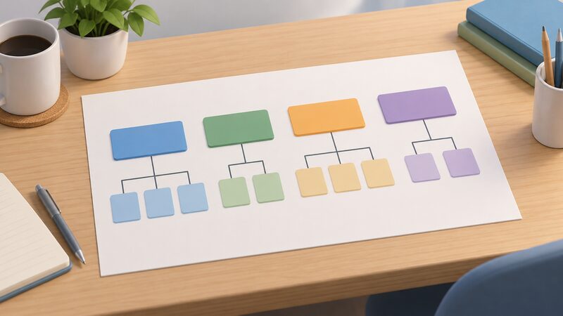 A printed diagram sheet laid on a table showing a simple tree structure: several large plain colour blocks at the top, each connected by plain lines to two or three smaller blocks beneath, representing parent groups with their trading brands, all labels left as blank colour bands with no readable words.